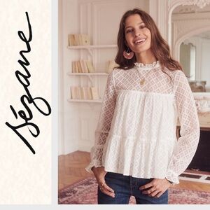 Sezane Gabbie Tiered Ruffle romantic lace Blouse, FR 34/ US 2
